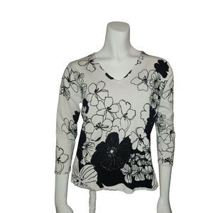 Colour Works V Neck Blouse Black and White Floral Print Womens Size Medium